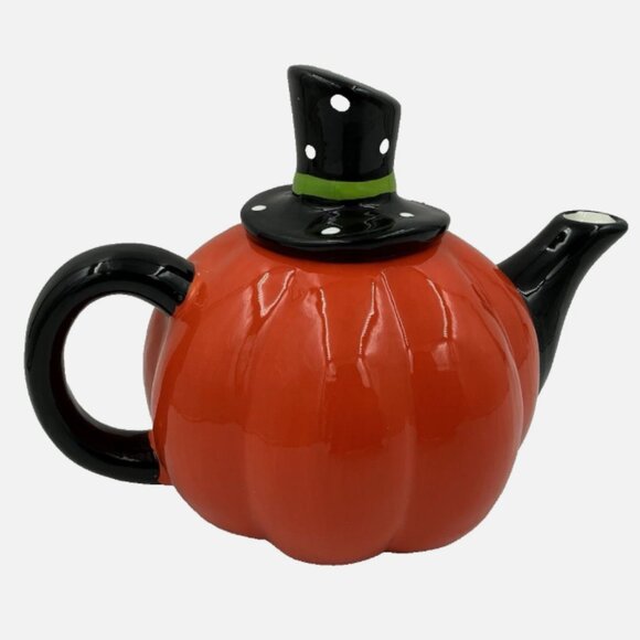 HALLOWEEN TEAPOT Pumpkin Jack O Lantern Ceramic Polka Dot Hat BRAND-NEW - Picture 2 of 9